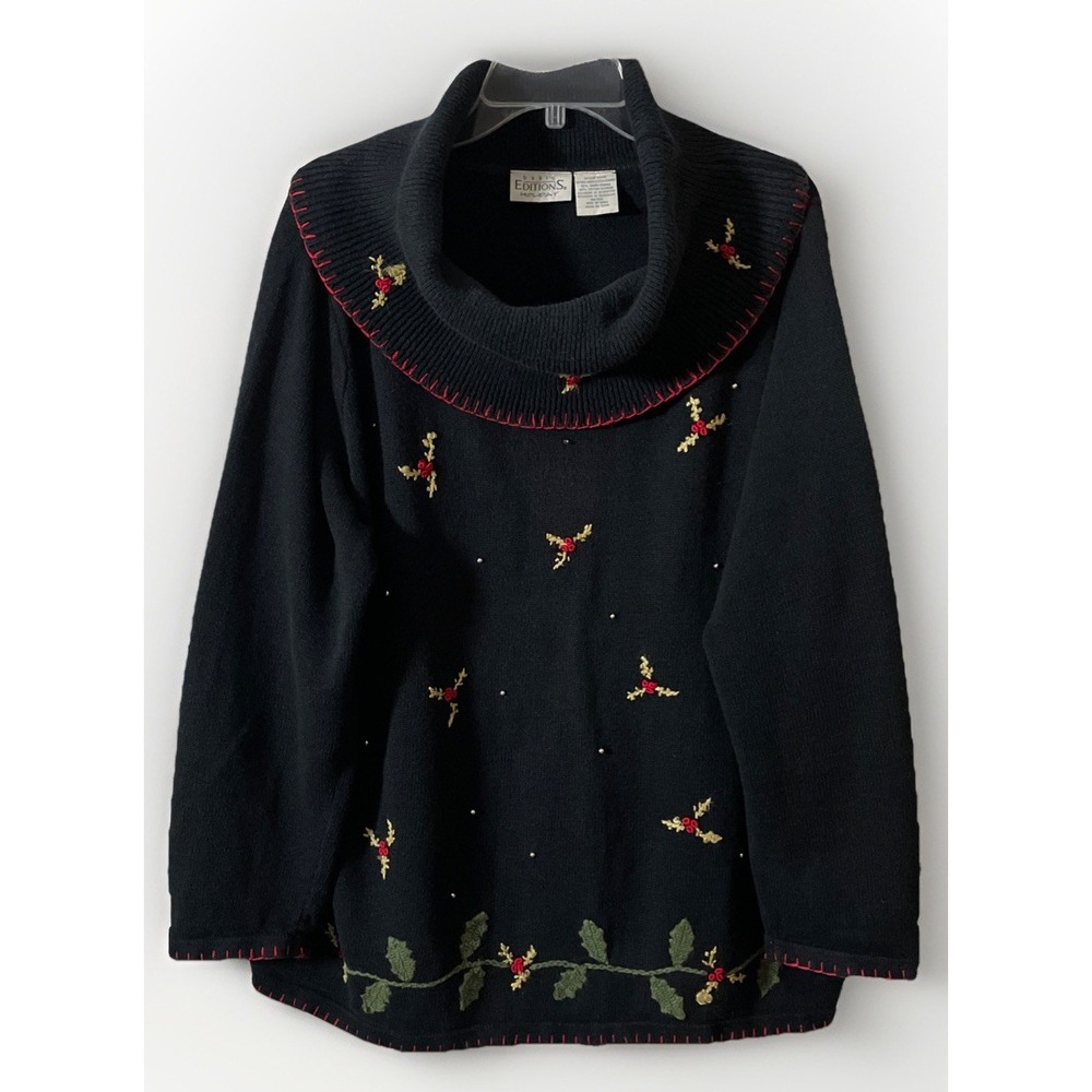 Vintage Basic Editions cowl neck embroidered holly & gold beads tunic sweater XL
